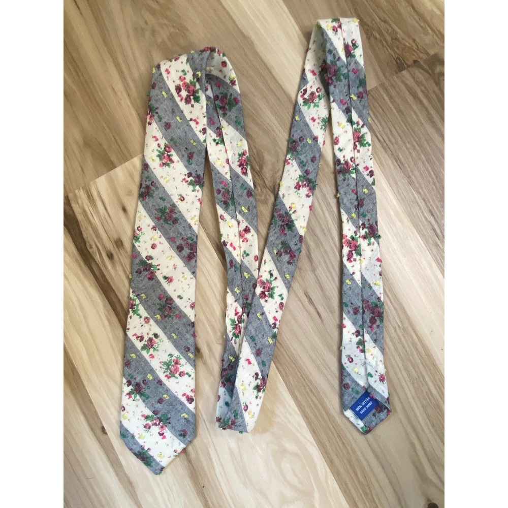 The Tie Bar Mens Cotton Floral Striped Necktie Gray White Pink Handmade 62 Inch - Picture 2 of 5